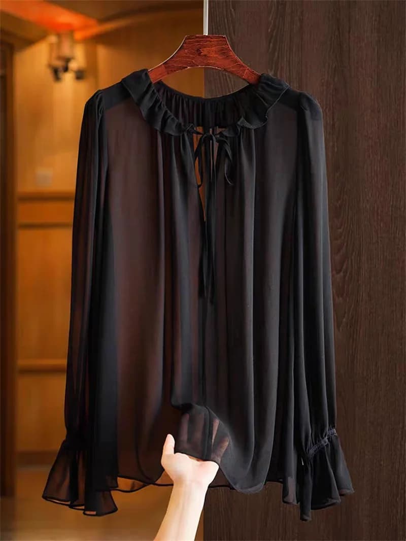 Elegante Camicetta in Chiffon a Maniche Lunghe, Top Casual da Ufficio per Donna, con Colletto Arricciato e Maniche Svasate, Tinta Unita, Ideale per il Lavoro