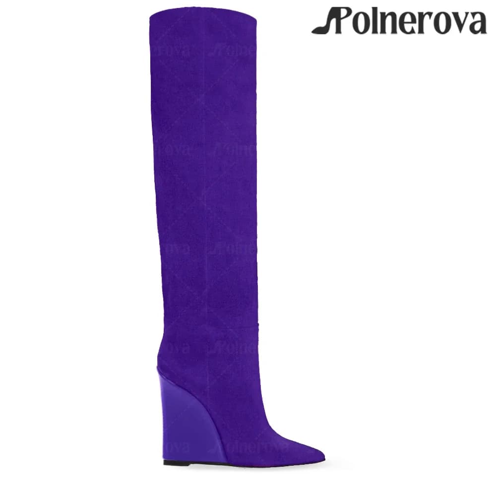 Painted Wedge Knee Boots Suede Tubular Boot Patent Leather Wedge Heel Pointed Toe Boots Fashion Style Women's Winter Warm Boots