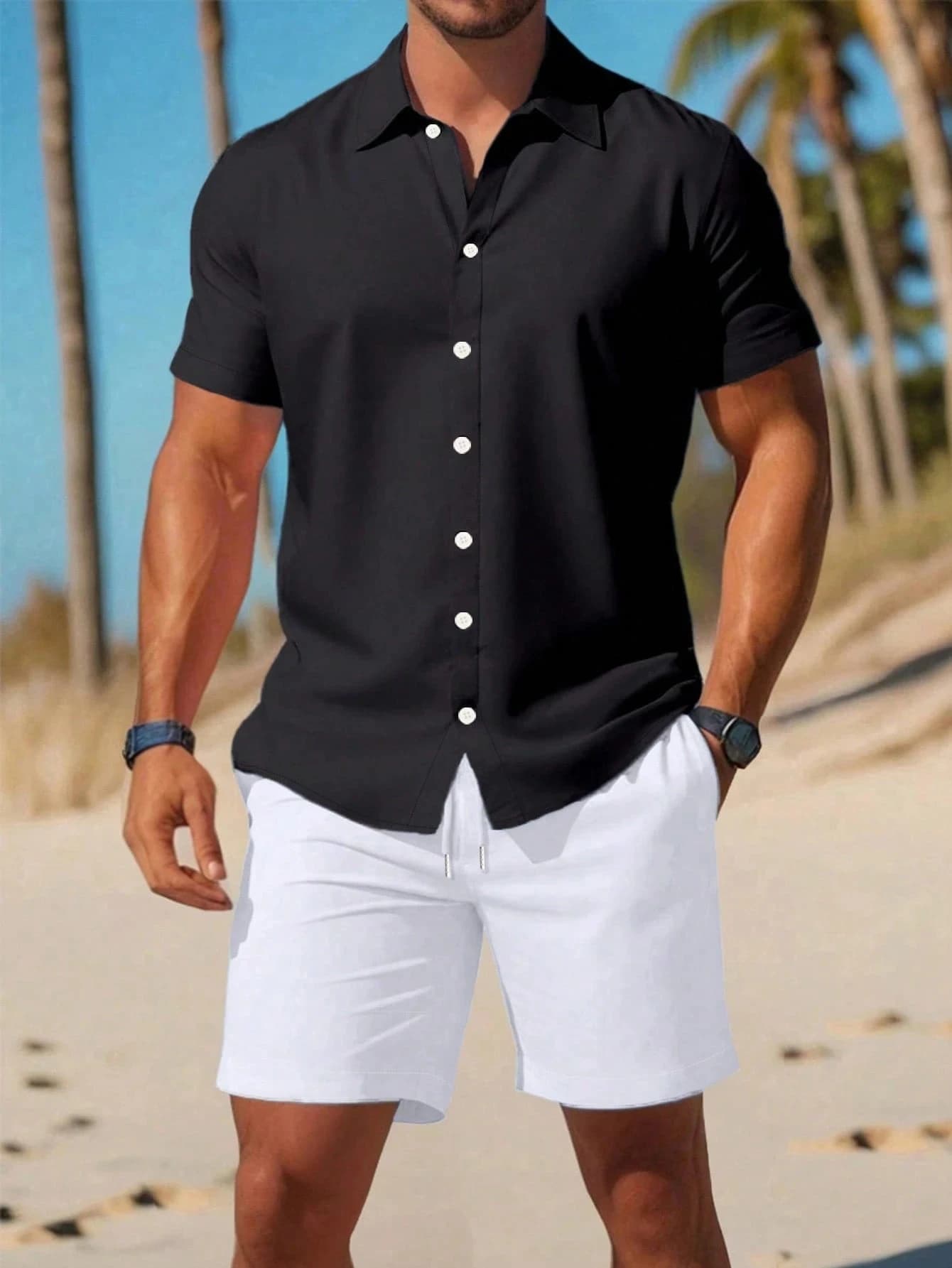 Summer Men's Color-Blocked Button-Down Shirt Set Casual Everyday Notched-Collar Short-Sleeve Shorts Stylish Men's Outfit