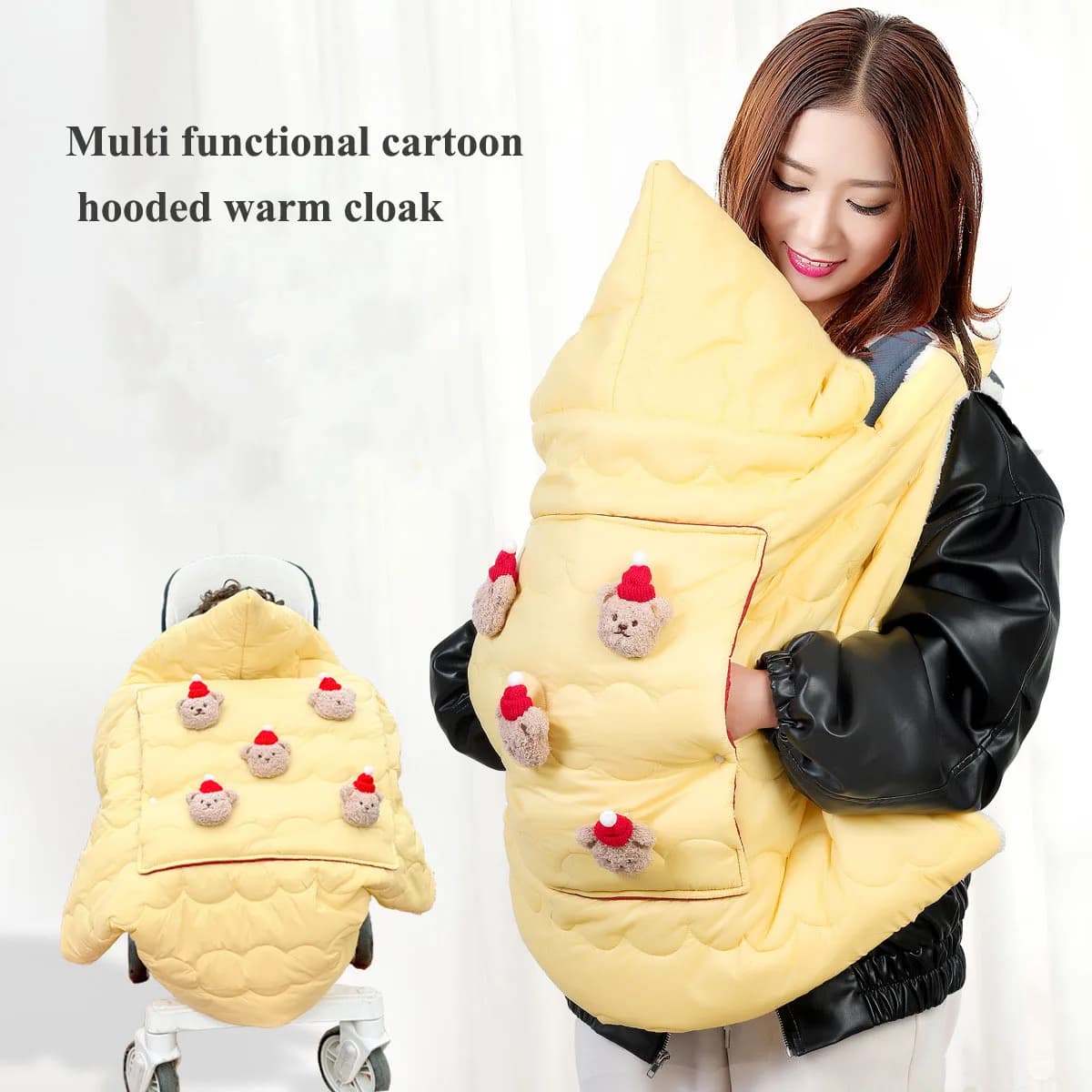 Mantello per il trasporto dell'involucro del bambino Orsetto carino Coperta calda antivento Scialle per bambini A/W Copertura per marsupio per passeggino per esterni Portapacchi con cappuccio