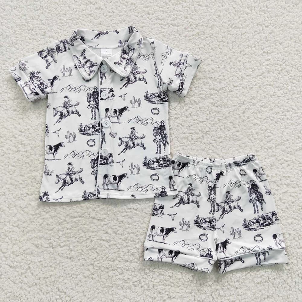 All'ingrosso estate bambini Rodeo Nightclothes Baby Boy Cardigan Western Cow Cactus Sleepwear Set Shorts Infant pigiama Outfit