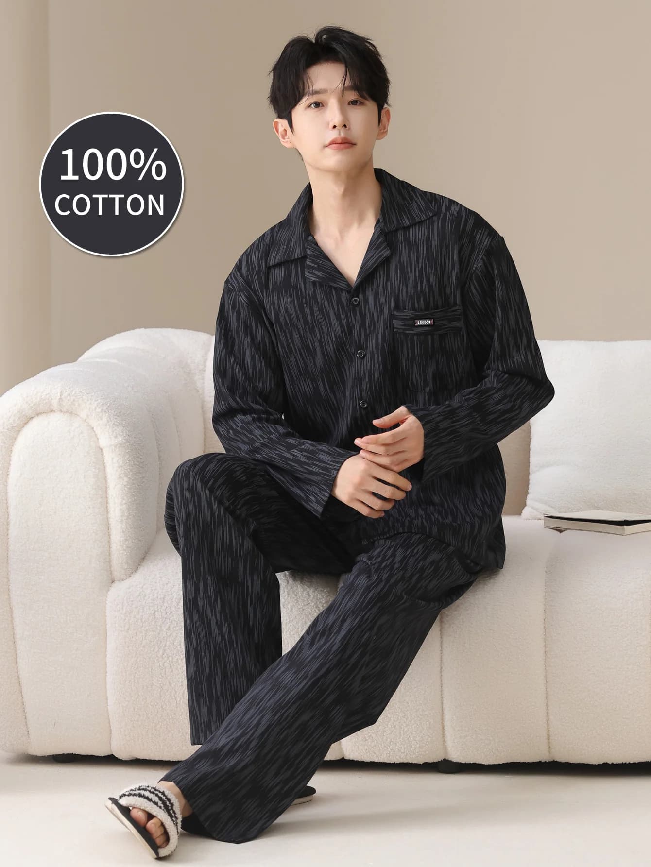Pigiama da uomo taglie forti quattro stagioni a maniche lunghe in cotone 100% da uomo, set completo da casa per adolescenti in puro cotone per il calore