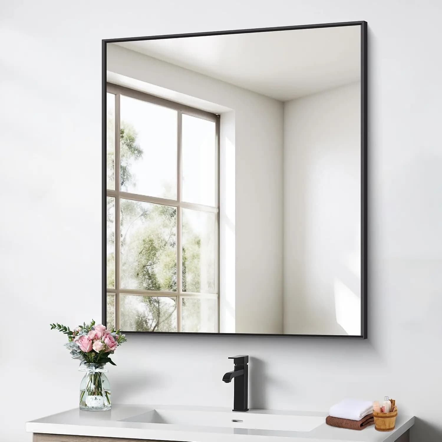 Wall Mount Black 30X36 Inch Rectangle Mirror Bathroom Living Room Farmhouse Bedroom Entryway Horizontal Vertical