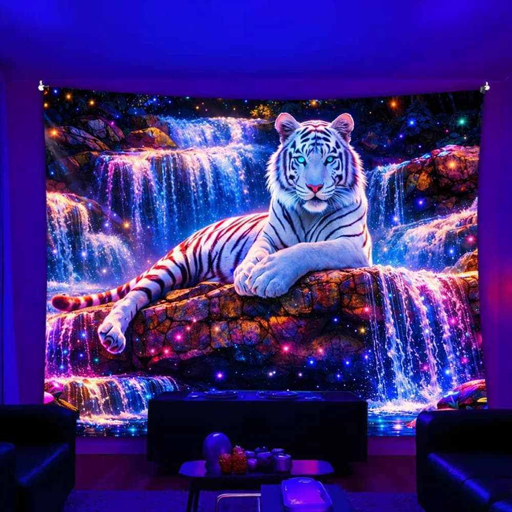 1pc Blacklight White Tiger Waterfall Tapestry, Neon Glow Fantasy Forest River Wall Hanging for Bedroom Living Room Dorm Decor