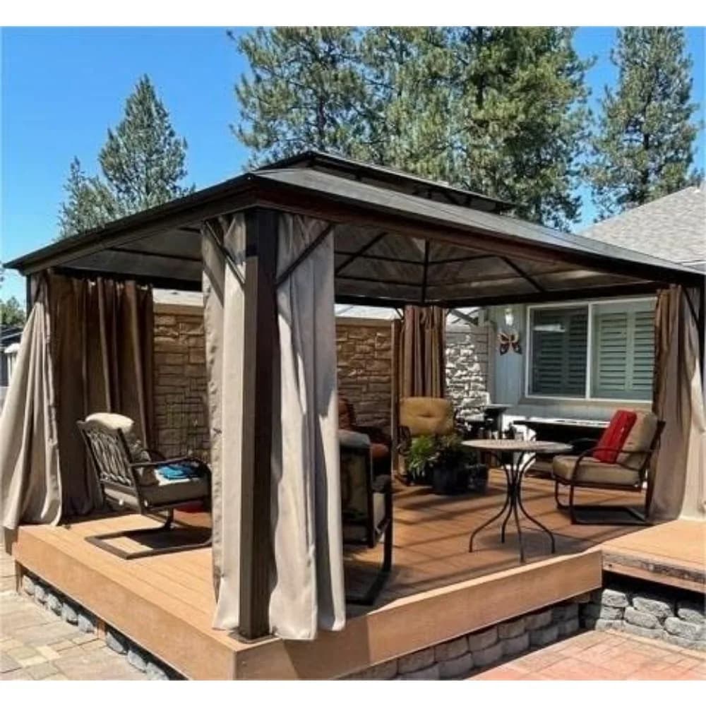 Gazebo 10x13ft con Tetto Rigido in Policarbonato, Struttura in Alluminio, Tende e Zanzariera per Giardino e Patio, Personalizzabile