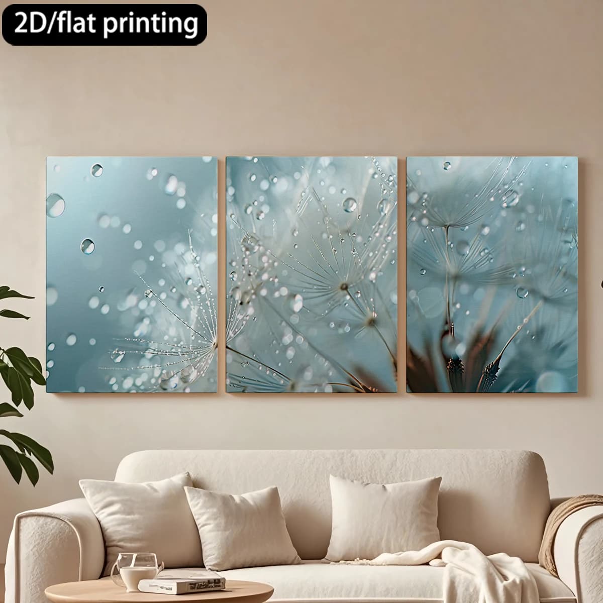 2D flat printing 3pc wooden frame canvas decorative painting Dandelions adorned with dew drops.Corridor bedroom decoration