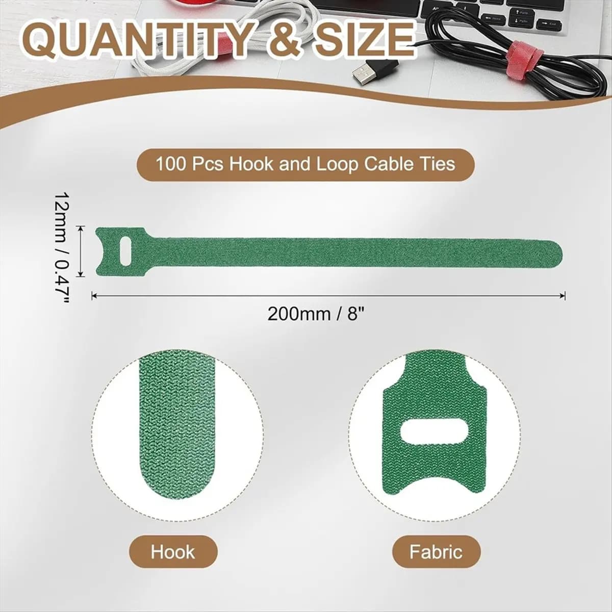A013 100Pcs Reusable Self-Gripping Cable Ties, 8 Inch Hook and Loop Wire Organizers for Power Cords, Data Cables, TV/PC Wires