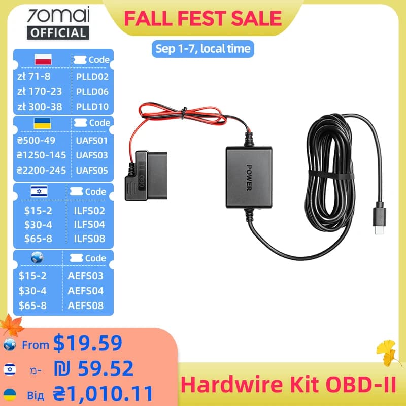 Adjustable power kit 70mai with OBD II Type-C Plug & Play interface, 24H parking surveillance for Dash Cam 70mai