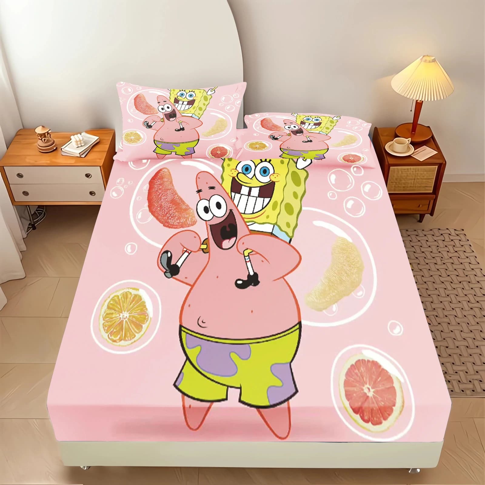 SpongeBob SquarePants Fitted Sheet Set Patrick Star Fruit Grapefruit Bubble Print Pink Base Cartoon Kids Bed Sheet