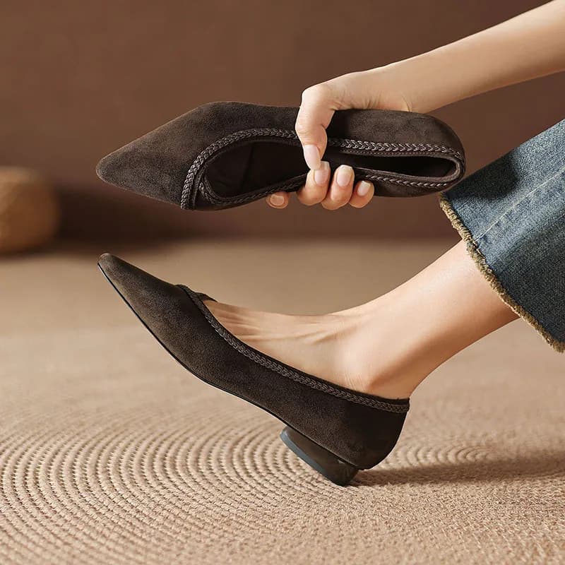 2026 new spring summer women pumps natural leather 22-25cm kid suede+sheepskin pointed toe round heel mixed color women shoes