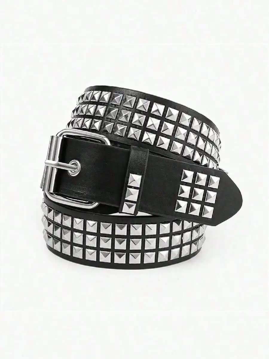 Cintura unisex con borchie punk, in ecopelle nera con borchie a piramide argentate