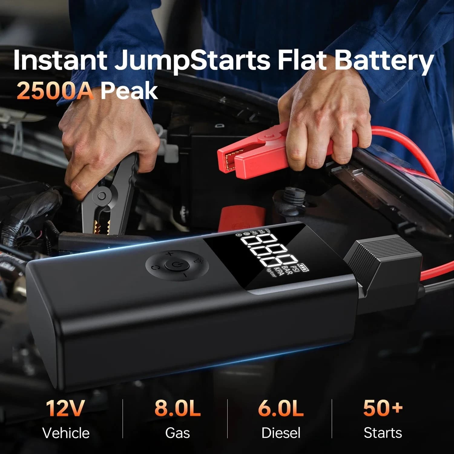 4-in-1 Portable Jump Starter 2500A Powerful 12V Car Battery Booster with 150PSI Air Pump And Power Bank Emergency Starter Powerb