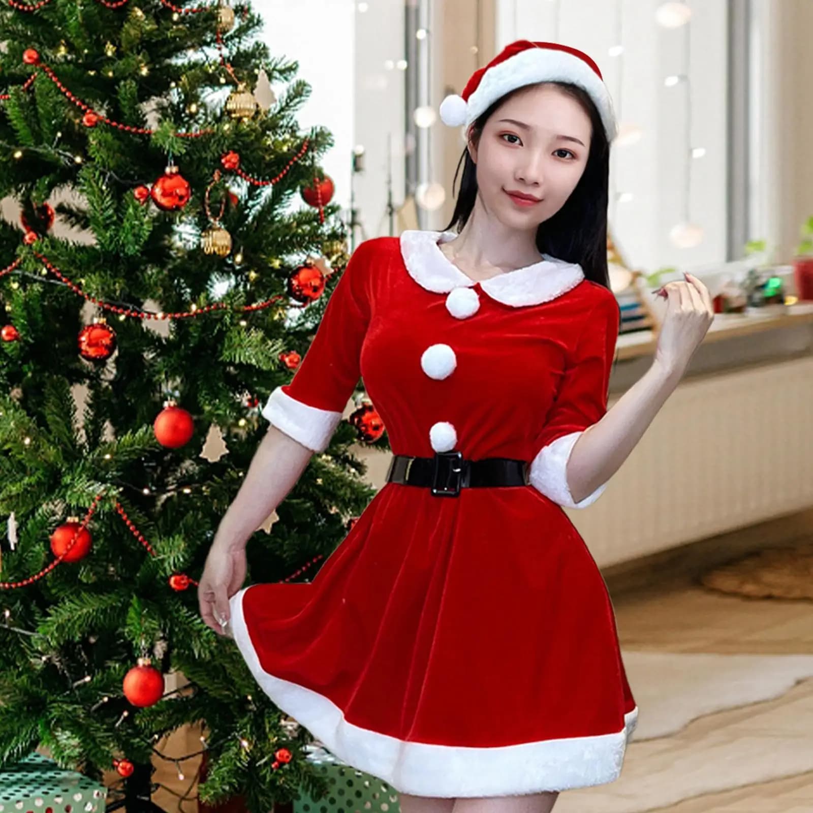 Women's Velvet Santa Claus Dress with Hat and Belt Festive Red Dress for Christmas Party Decoration