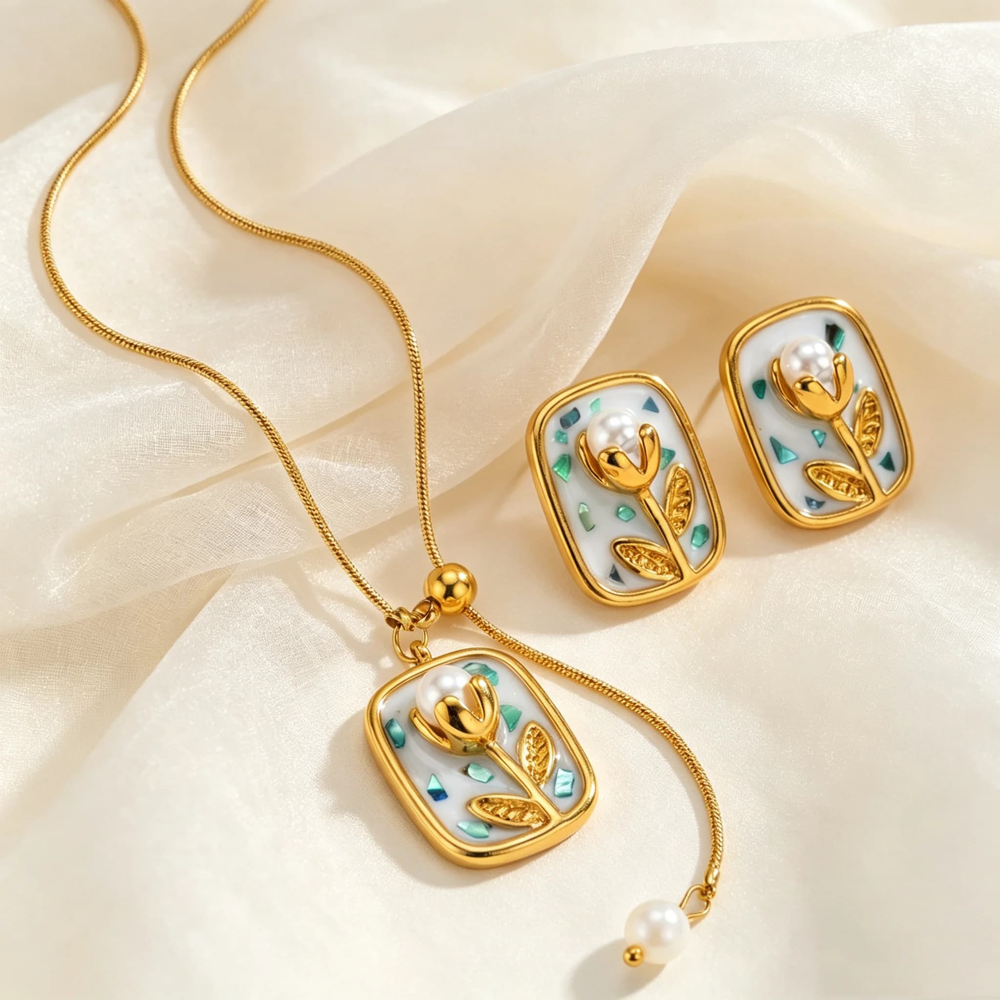 Vintage French Style Enamel Square Flower Necklace Stud Earrings, Gold Plated Stainless Steel Trendy Aesthetic Jewelry Set Gift