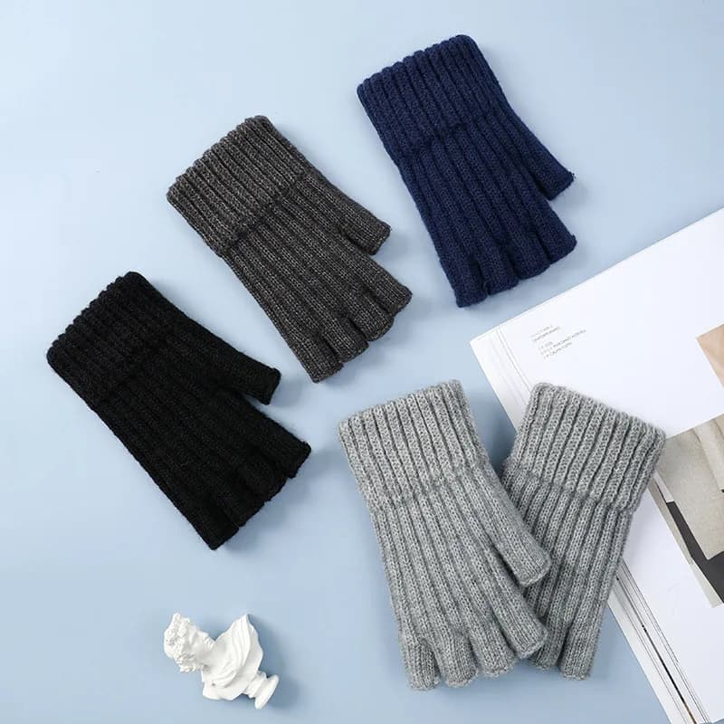 Autumn and Winter Student Men's Cold-Proof and Warm Knitted Wool Cycling and Driving Thickened Half-Finger Gloves
