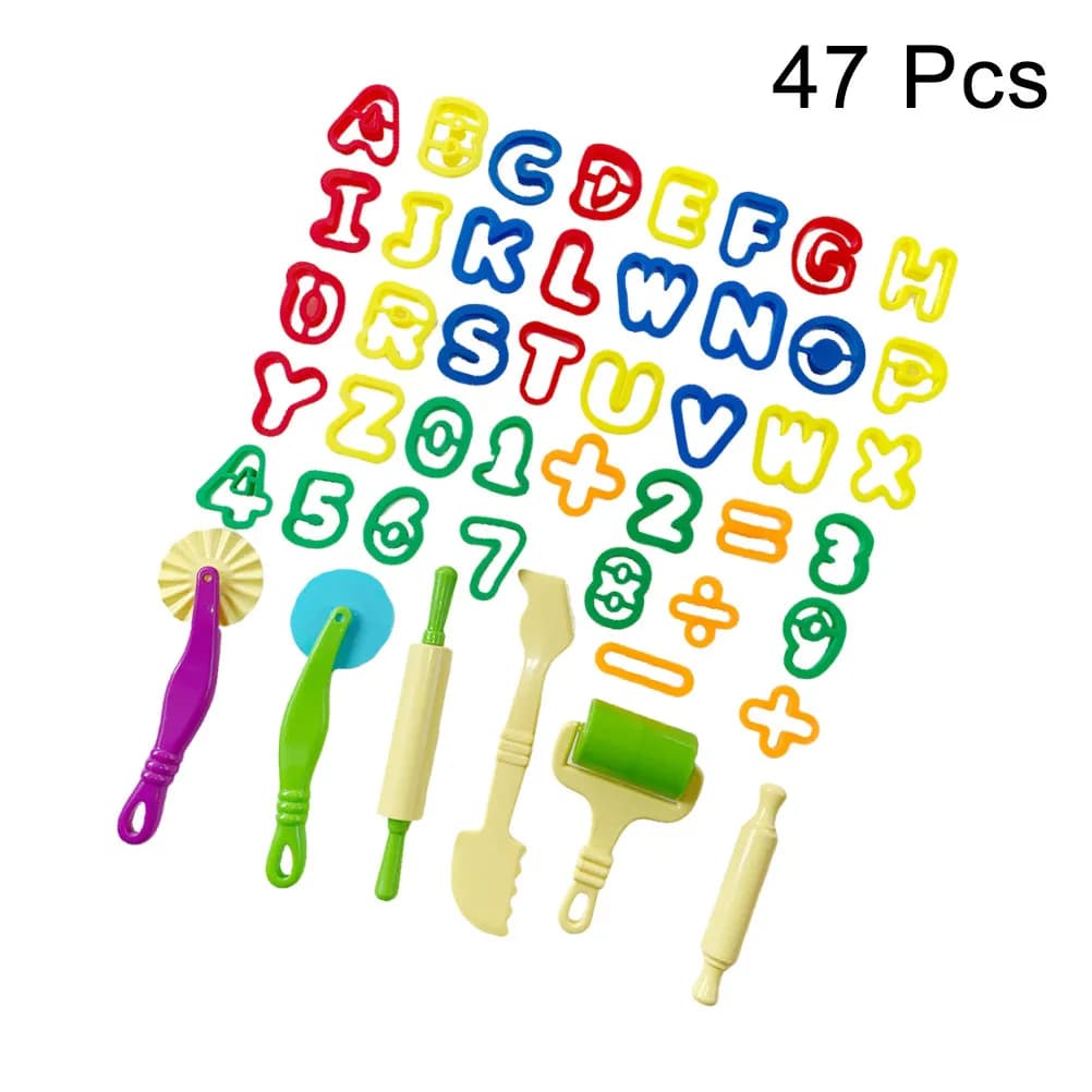 Kit di 47 Pezzi per Modellare l'Argilla con Stampi per Lettere e Numeri, Set Colorato per Impastare, Strumenti per l'Apprendimento Precoce e il Gioco Creativo in Classe