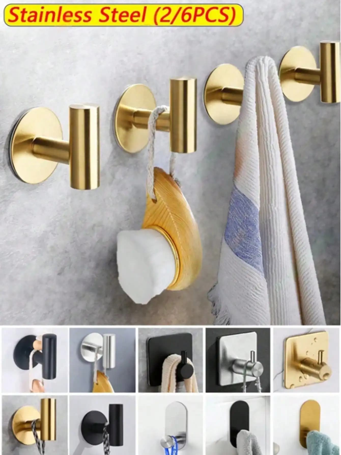Ganci da parete autoadesivi resistenti da 6/2 pezzi, ganci autoadesivi, portasciugamani, appendiabiti, portachiavi, accessori per l'organizzazione di bagno e cucina, materiale in acciaio inossidabile, ganci per asciugamani resistenti, ganci impermeabili per carichi pesanti, ganci per tende da doccia