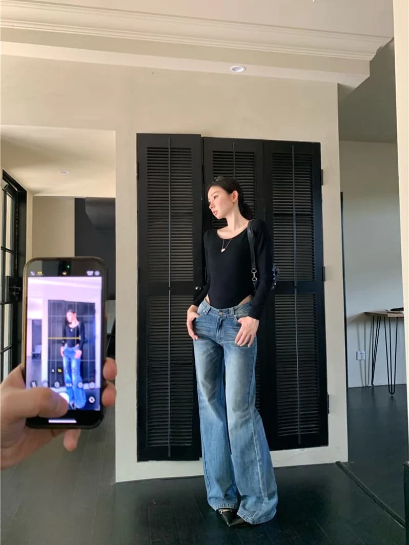 Retro Blue Denim High Waist Wide Leg Pants Women's Fashion Fall Season Micro Flared Straight Long Trousers Versatile Jeans