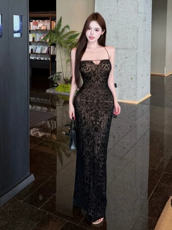 Abito Lungo Sexy in Pizzo con Spalline da Donna, Nuovo Stile Estivo, con Vita Stretta Effetto Snellente, in Rete Trasparente, Modello Avvolgente, Gonna Lunga Elegante