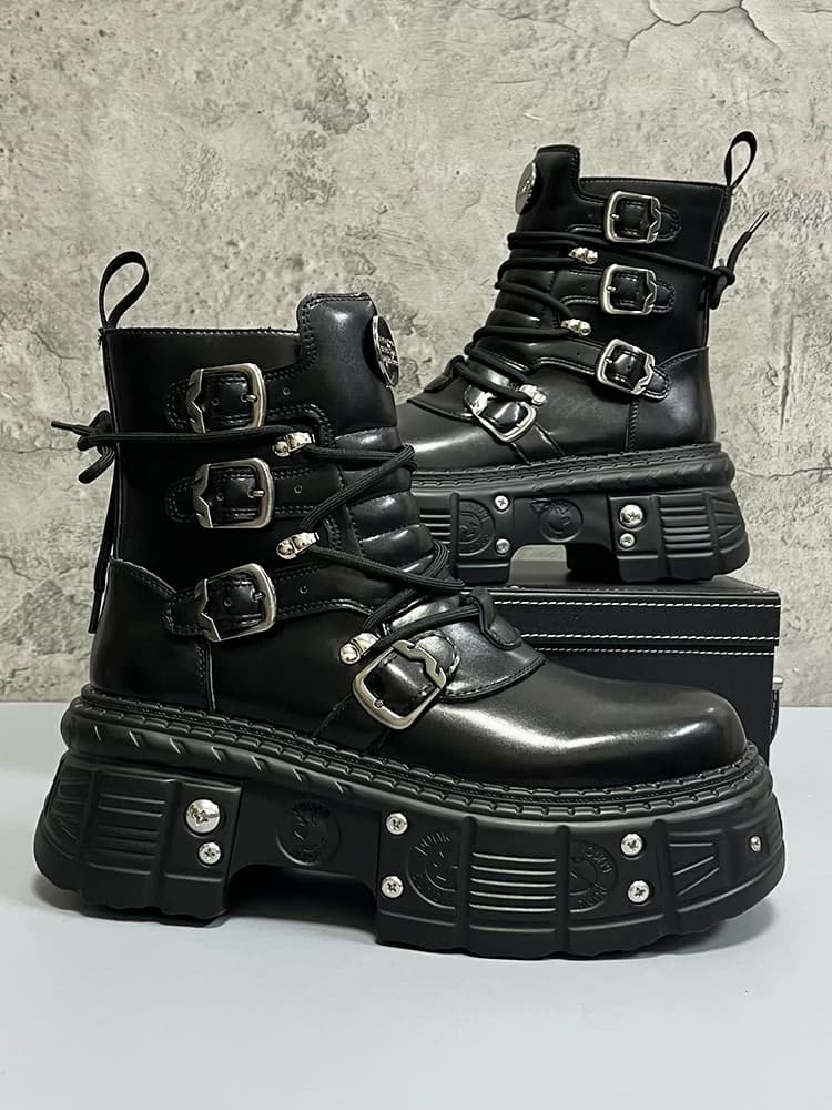 Men's Thick Bottom Boots Metal Fashion Punk Style Mid-Calf Short Boots Heightening Motorcycle Boots UCoc Brand