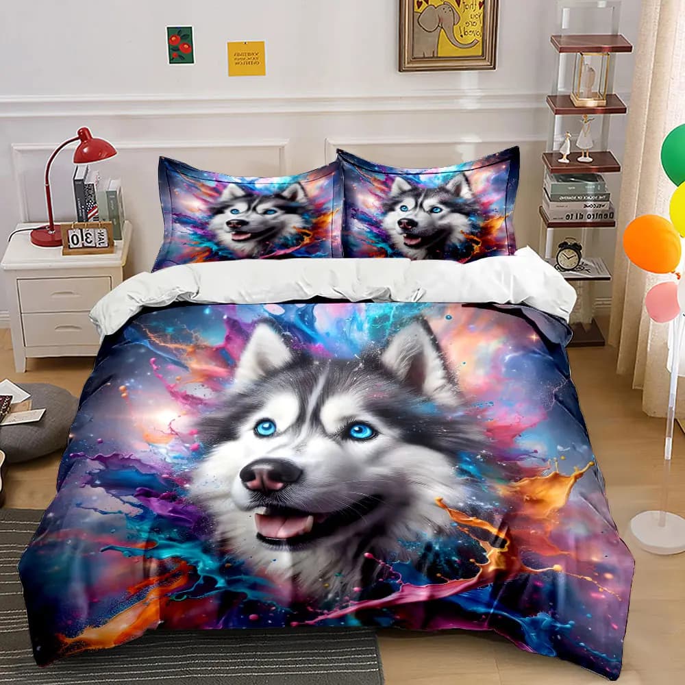 Set di biancheria da letto con copripiumino morbido e confortevole con stampa di colori vivaci e ritratto di Husky, include 1 copripiumino e 2 federe.