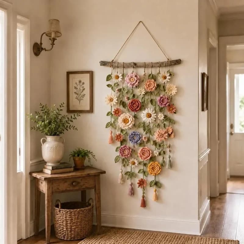 New Boho Handmade Cotton Floral Crochet Macrame Hanging Decoration for Wall Indoors Or Porch Natural Linen Look Mellow Ambiance