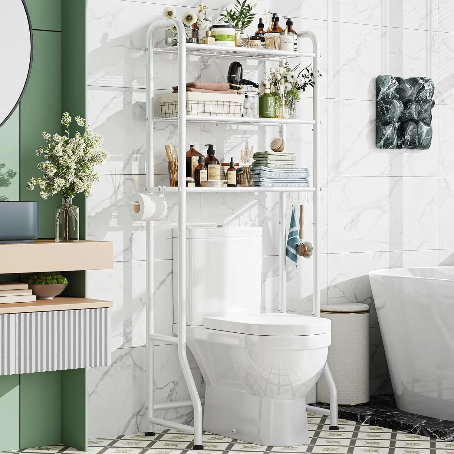 3 level storage rack to be placed above the toilet with toilet paper holder and hooks, shelves self-supporting bathroom organizer in white