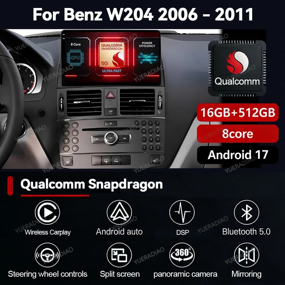 Autoradio Android 17 per Mercedes Benz Classe C 3 C220 C180 W204 S204 2006-2011 con Carplay Auto 4G WIFI Lettore Multimediale Video BT