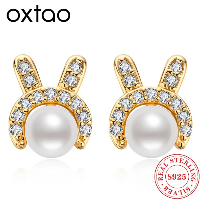 Nice Freshwater Pearl Rabbit Earrings for Women 6-6.5mm 14K Gold Gift Jewelry Bag for Women's Birthday Party