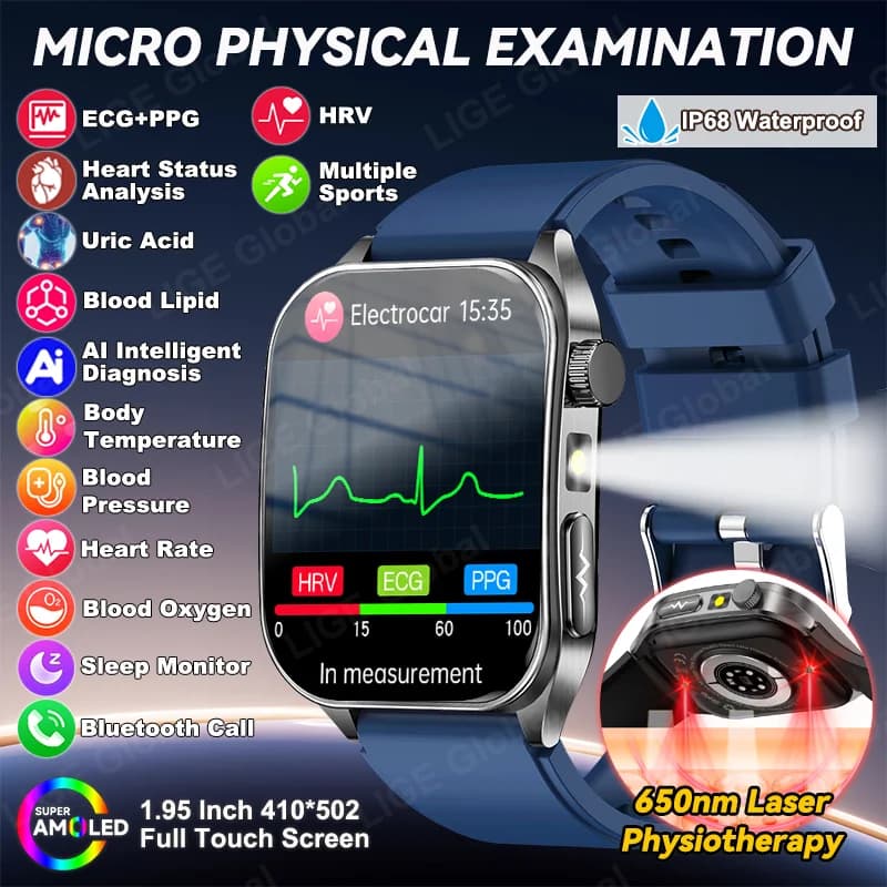Nuovo Smartwatch LIGE con ECG+PPG, Terapia Laser, Analisi di Lipidi nel Sangue, Acido Urico, Pressione Sanguigna, Salute Cardiaca, Chiamate BT, per Uomini e Donne