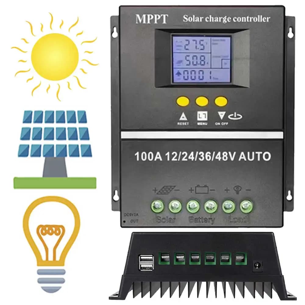 Regolatore di Carica Solare MPPT 100A con Display LCD, Controllore Intelligente Automatico 12V 24V 36V 48V per Pannelli Solari