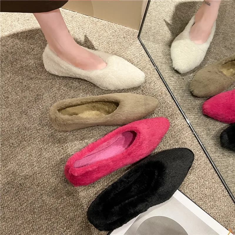 Fashion tip fur ballet flat woman winter warm plush moccasins little deep ladies concise hairy shoes with heel Zapatos Mujer