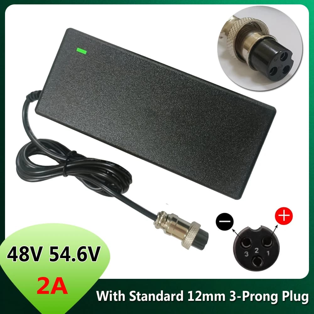 48V 54.6V 2A Lithium Battery Charger With 12mm 3-Prong Plug For 48V 13S 54.6V Li-ion Batteries Electric Scooter Charger Adapter