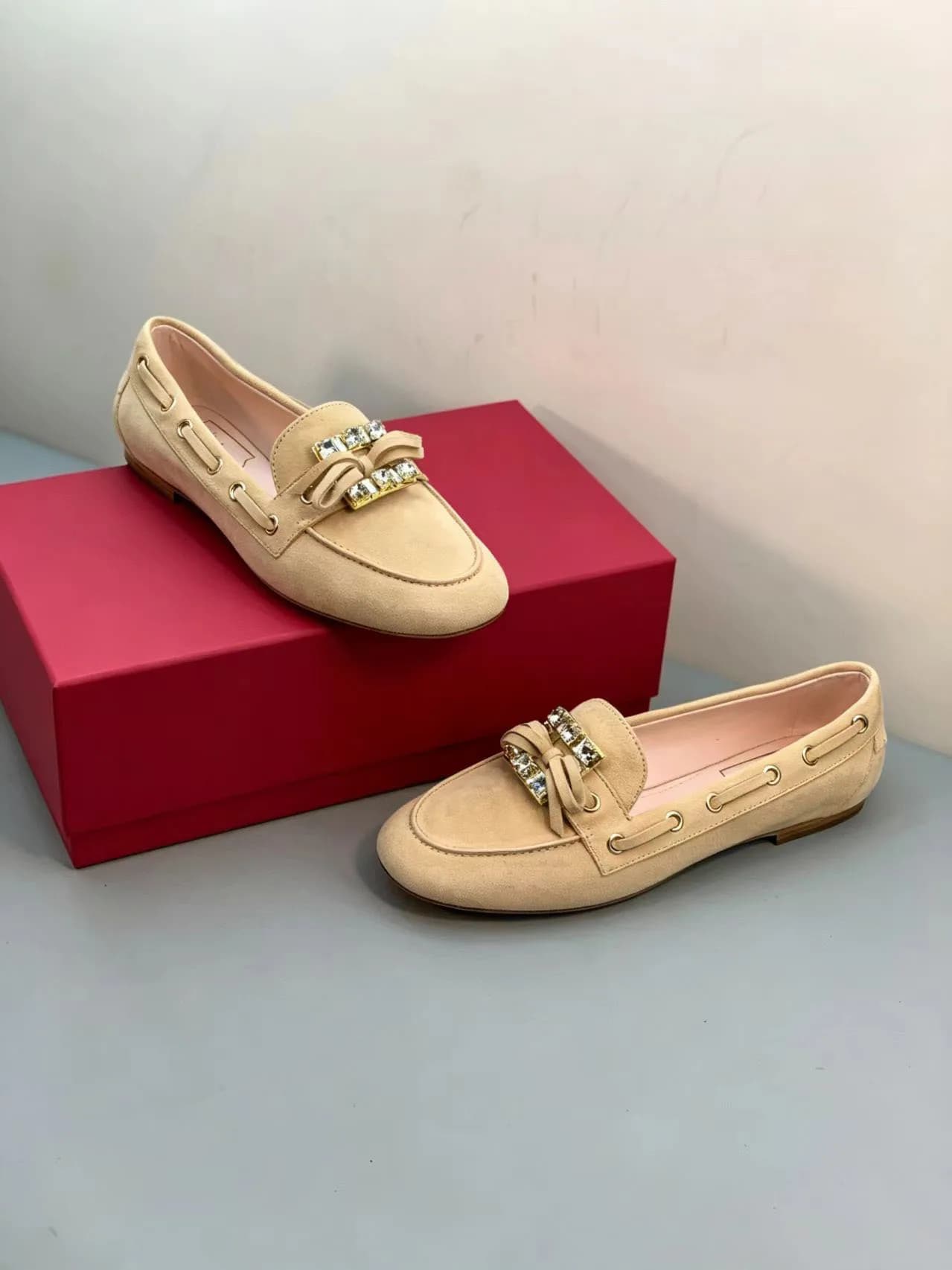 Mocassini da Donna in Pelle Scamosciata con Fiocco di Cristallo, Scarpe Slip-on