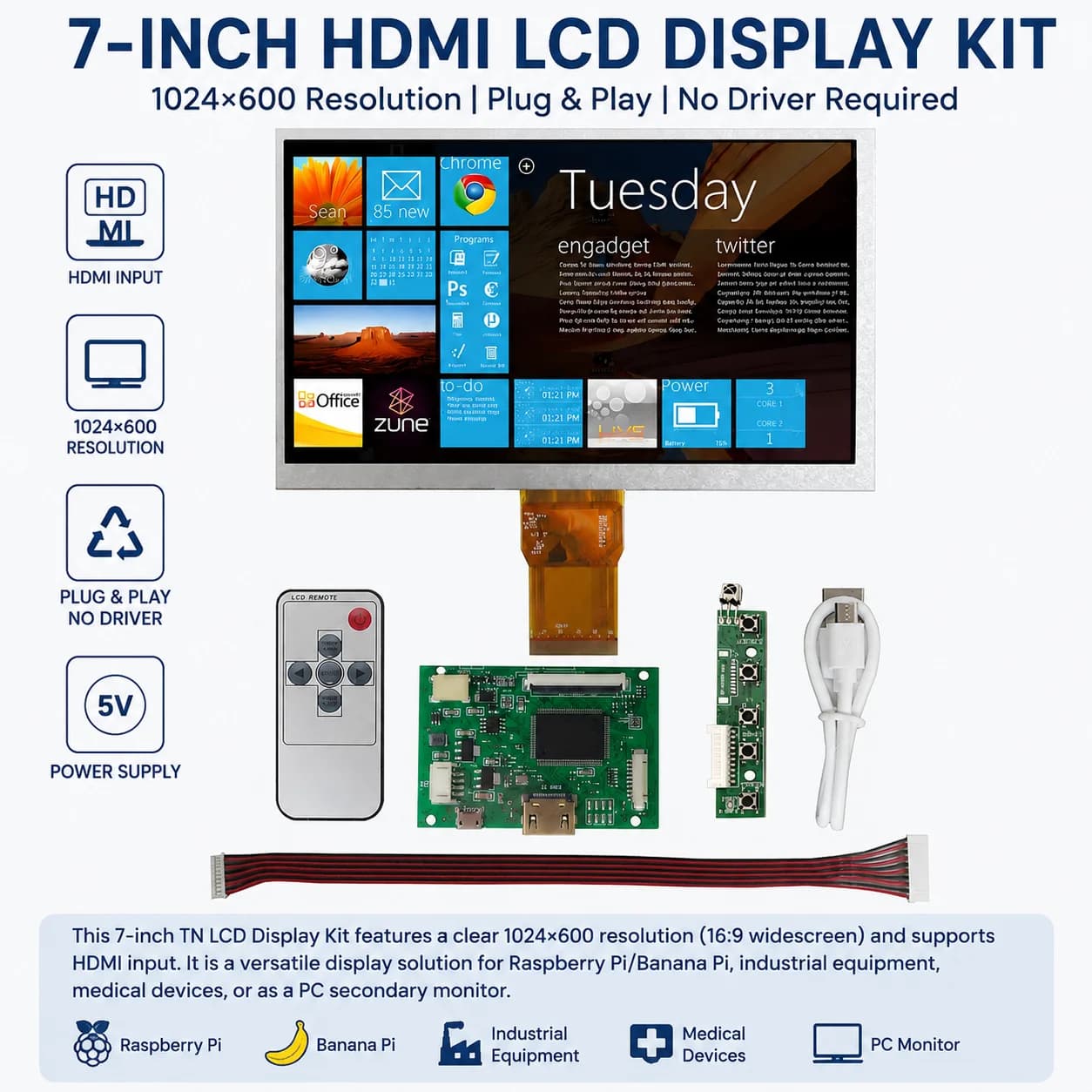 7 inch LCD Display Screen Driver Board Monitor Kit For Raspberry Pi 4/3B+/PC Laptop Game Console