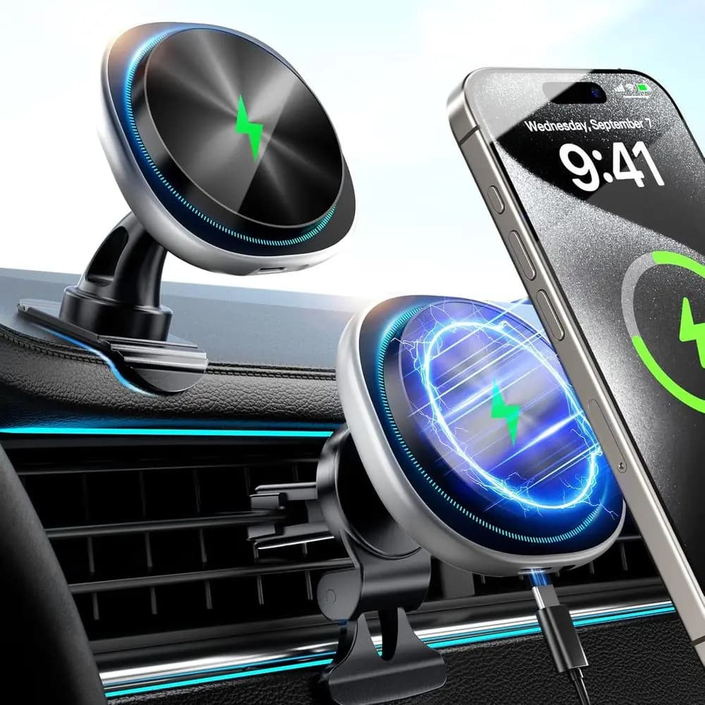Supporto Magnetico per Auto, Porta Telefono Wireless per iPhone 17 Pro Max/17/16/15/14/13/12, Ricarica Rapida, Montaggio su Bocchetta dell'Aria e Cruscotto, S25, Pi