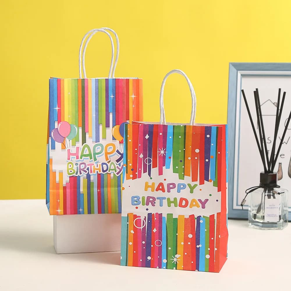 30pcs Happy Birthday Kraft Paper Gift Bag Colorful Stripe Children Boy Girls Birthday Festive Party Gift Packing Paper Hand Bag