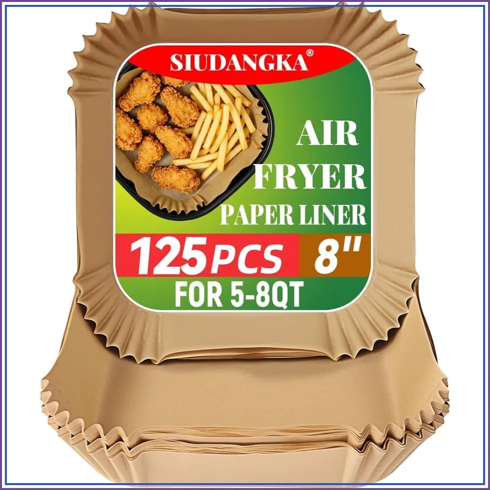 125 Pcs Disposable Air Fryer Liners, 8 Inch Square Parchment Paper, Non-Stick, Unbleached, Fit 5-8 Qt