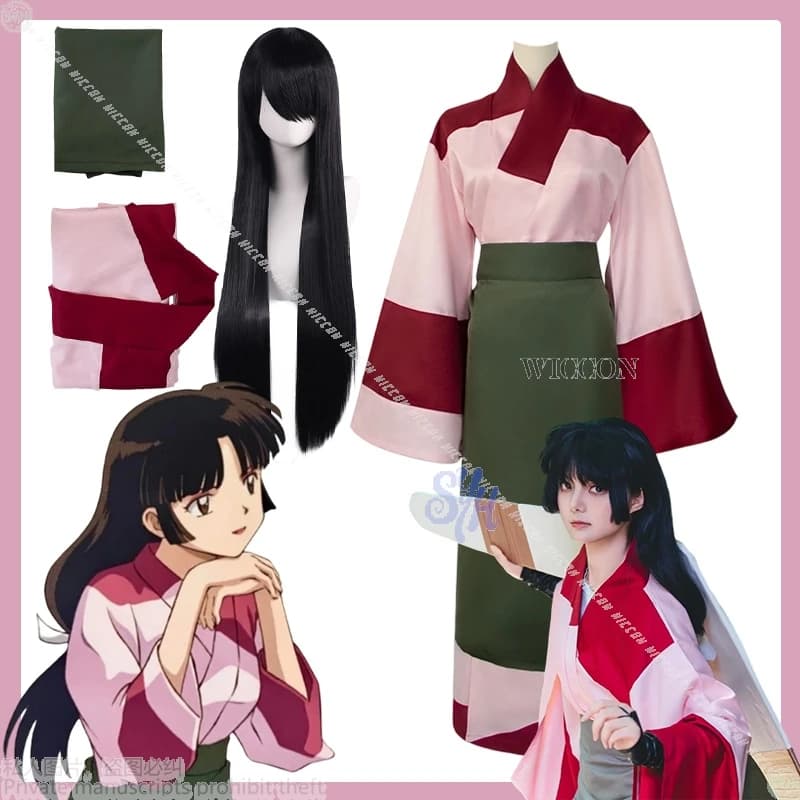 Anime Movie Sango Costume Cosplay Kimono Retro Japanese Dress Long Cartoon Girls Uniform Wigs Halloween Christmas Party Outfit