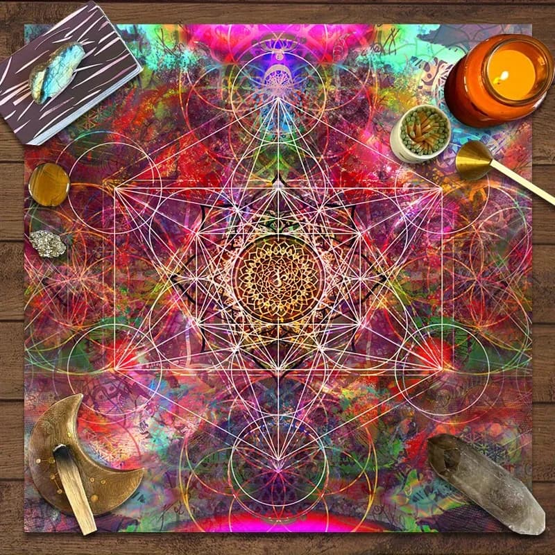 Tappeto Geometrico per Altare con Design Fiore della Vita, Tappetino per Lettura Carte dei Tarocchi, per Cubo di Metatron, Regalo per Streghe