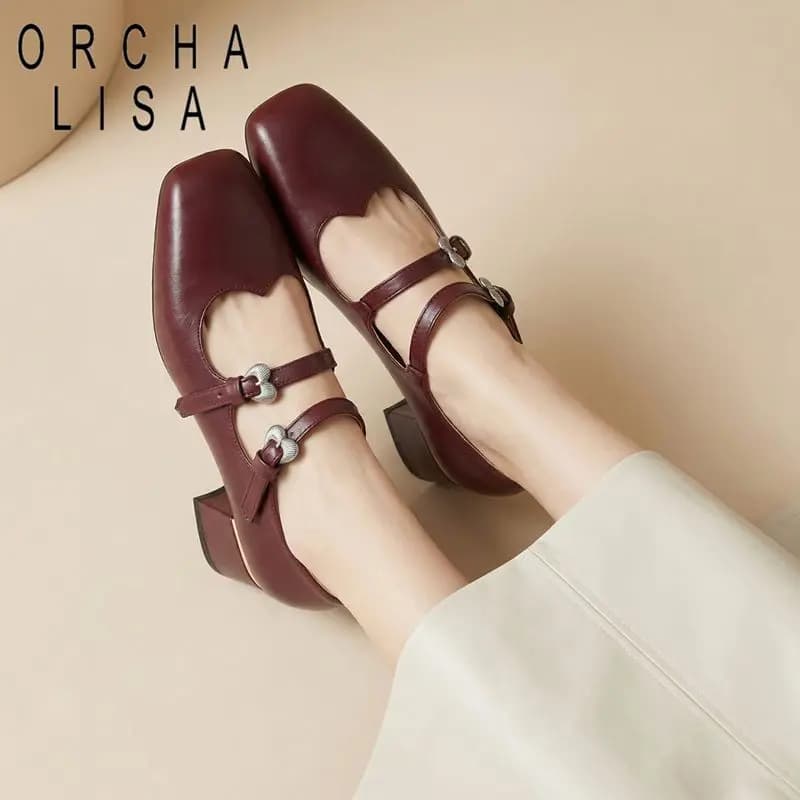 ORCHA LISA Fashion Female Pumps Square Toe 5.5cm Block Heel Double Buckle Strap Large Size 45 46 47 48 Sweet Dating Mary Janes S