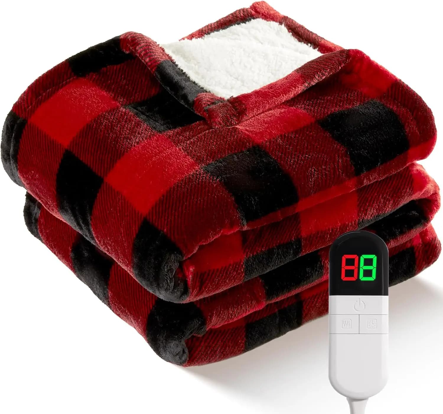Coperta natalizia scozzese Sherpa Buffalo riscaldata elettrica con 8 livelli di riscaldamento e spegnimento automatico, lavabile rapidamente e caldo