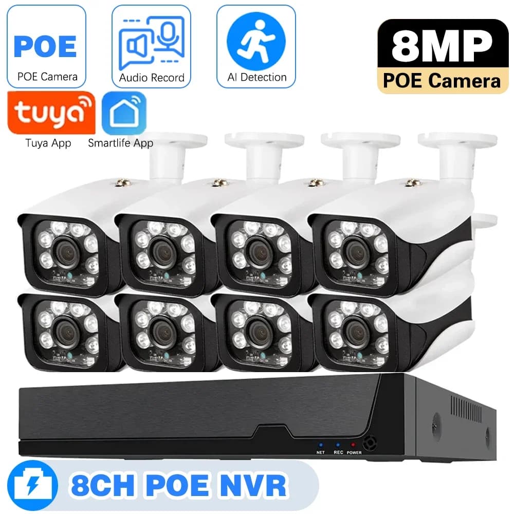 Kit di Sicurezza TUYA 4K 8CH POE NVR con Telecamera IP Bullet 8MP per Esterni, Registrazione Audio, Rilevamento Umano, Sistema di Videosorveglianza Smart Life