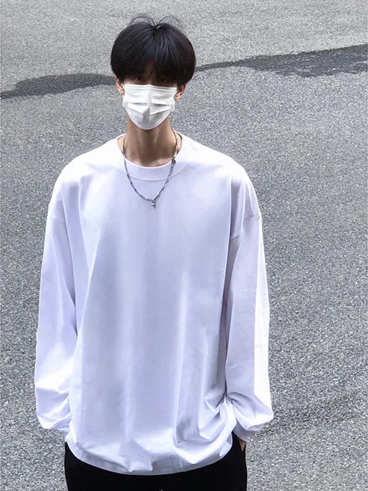 American Style Heavyweight Pure Cotton Long Sleeve T-Shirt for Men Youth Fashion Shoulder Appropriate Hoodie White Base Shirt