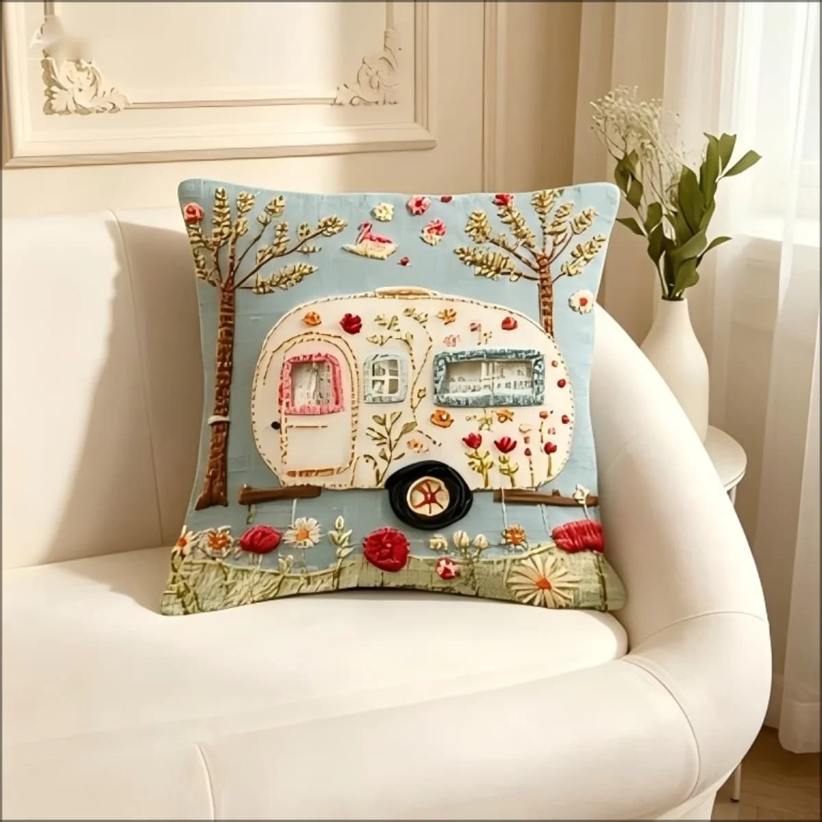 Fodera per cuscino a forma di camper, stampa 2D con ricamo finto, motivo floreale boho, per divano, letto, viaggio, casa