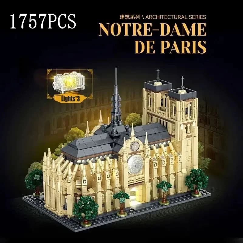 1757PCS Notre Dame De Paris Edifici modulari con luce MOC Architettura Splicing Assemblaggio Building Blocks Mattoni Puzzle Giocattoli