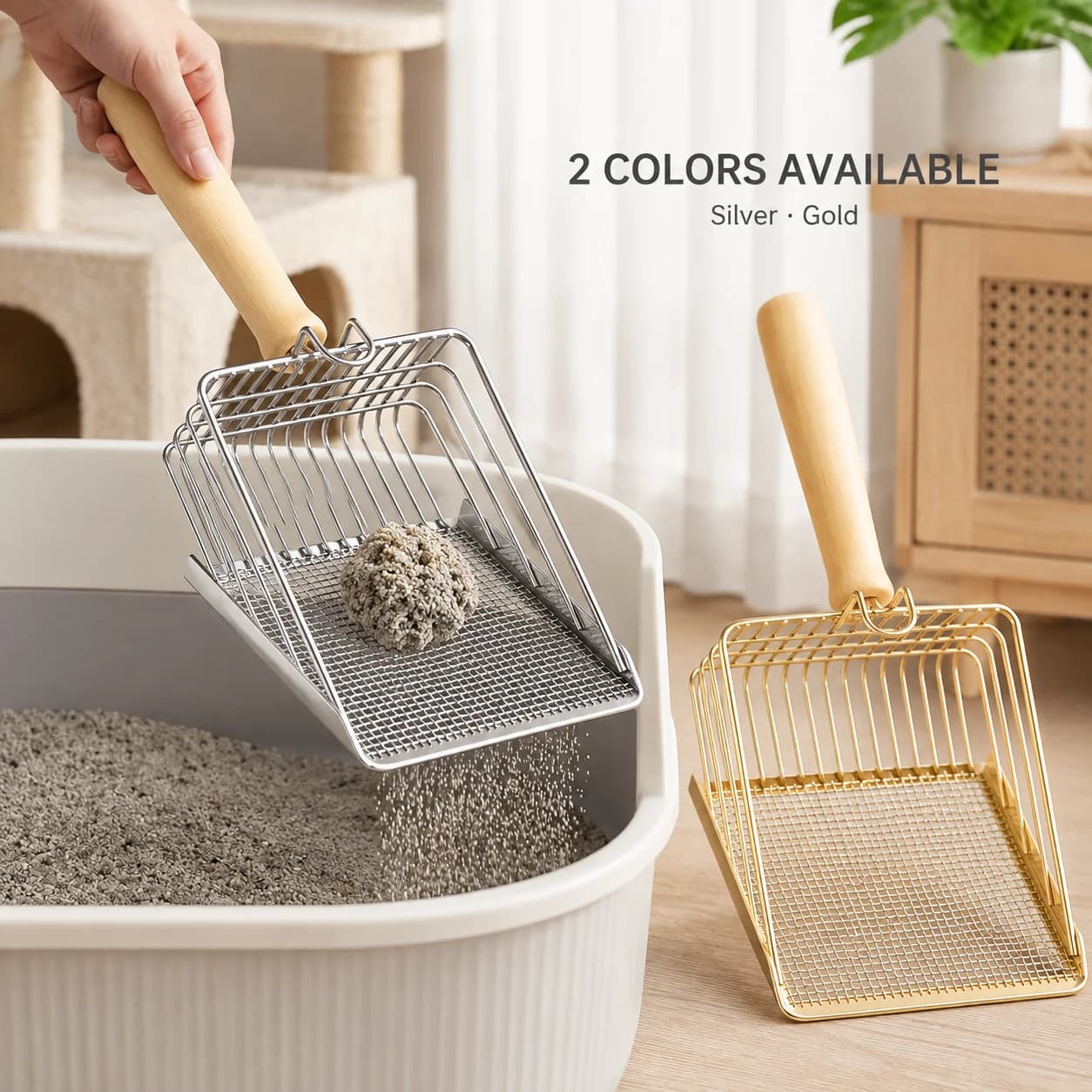 Large Stainless Steel Cat Litter Scoop with Wooden Handle Dual Sifting Metal Shovel for Fast Litter Box Cleaning