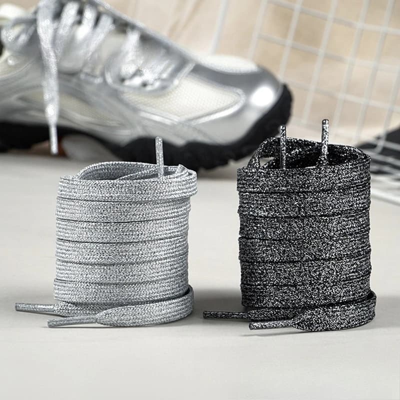 1 Paio di Lacci per Scarpe Argento Nero Lucidi con Fiocco di Perle, 120cm, per Sneaker, Scarpe Sportive e Stivali