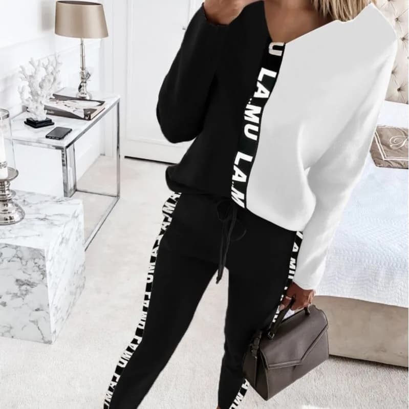Women's Casual Long Sleeve T-Shirt And Pencil Pants Color Block Striped Belt Set New Arrival for Autumn Season