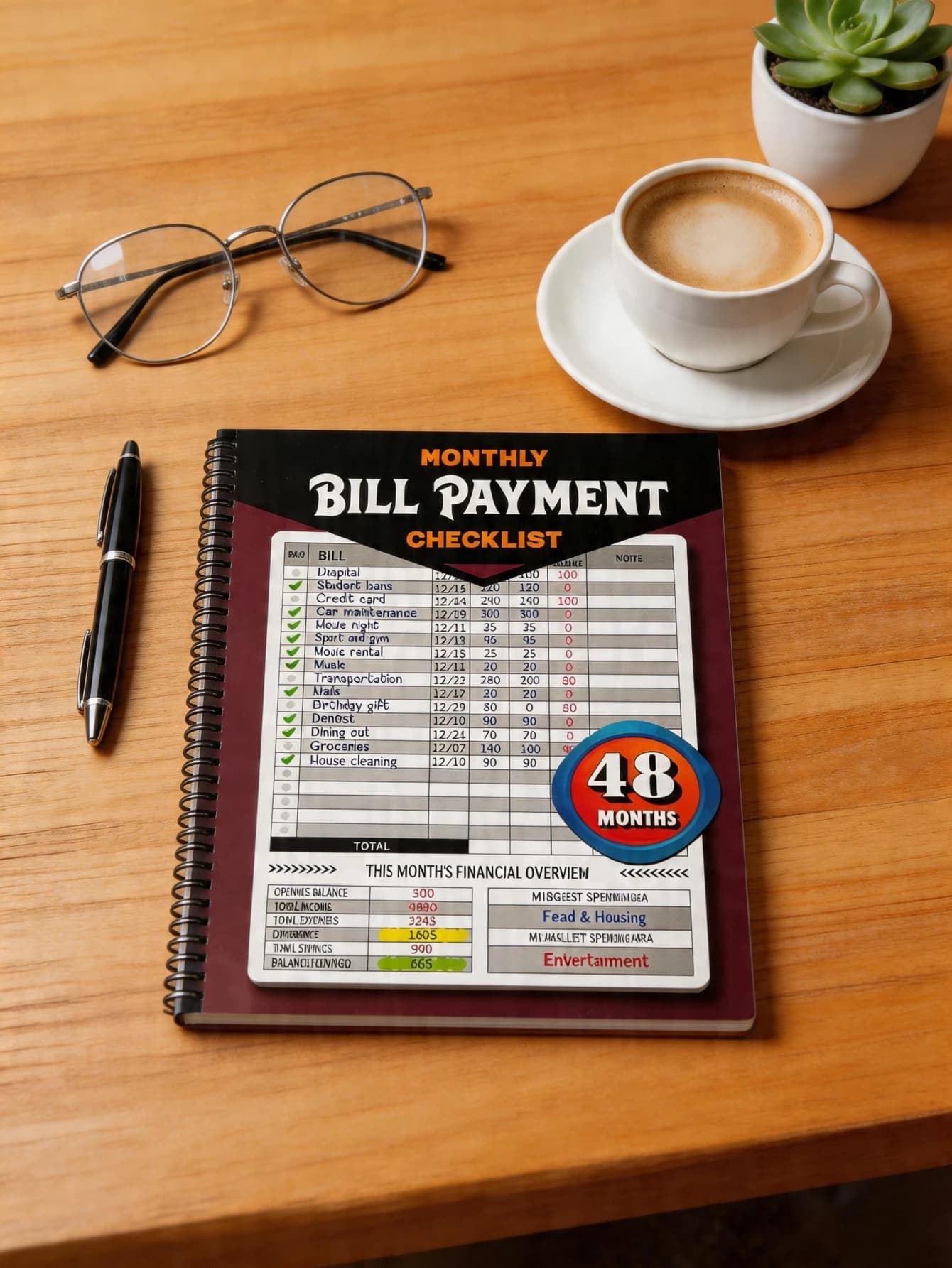 1pcs 48-Month Monthly Bill Payment Planner, Spiral Bound Household Finance Organizer Notebook, Personal Expense & Budget Tracker Journal for Effective Money Management & Financial Planning